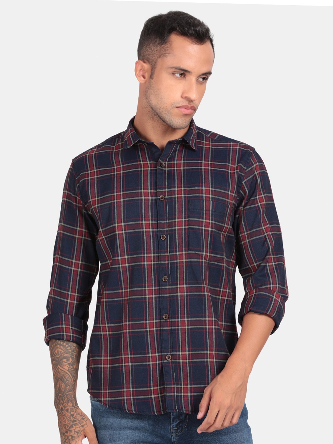 

RUG WOODS Comfort Tartan Checks Checked Cotton Casual Shirt, Maroon