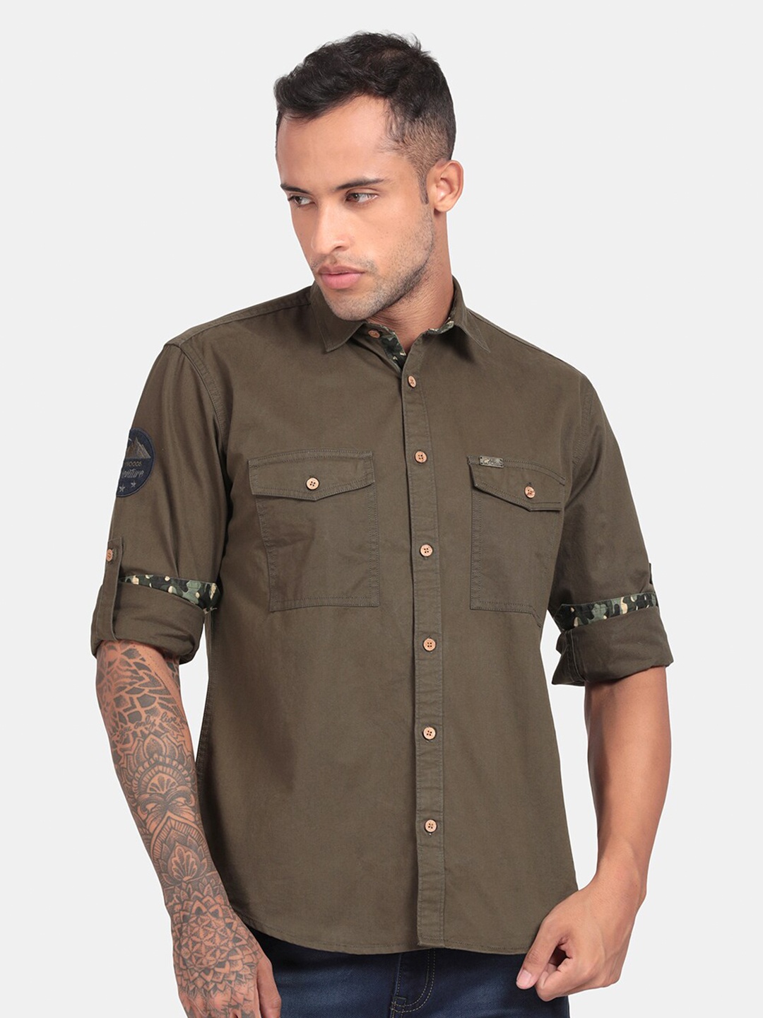 

RUG WOODS Comfort Spread Collar Cotton Casual Shirt, Green