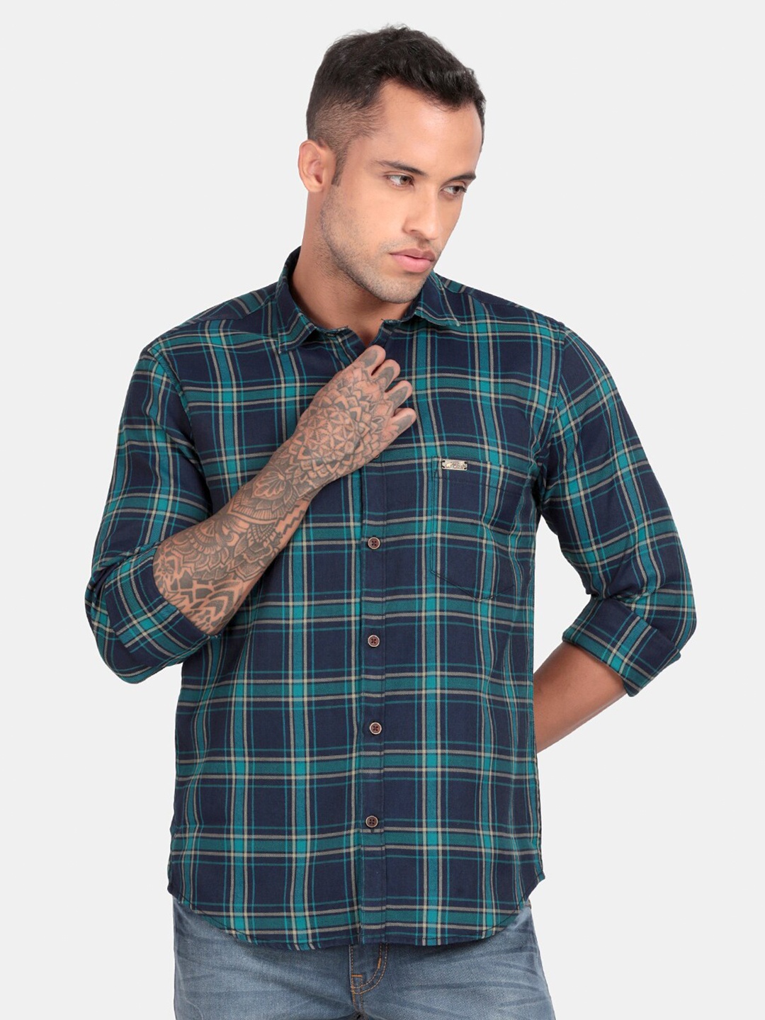 

RUG WOODS Comfort Tartan Checks Cotton Casual Shirt, Turquoise blue