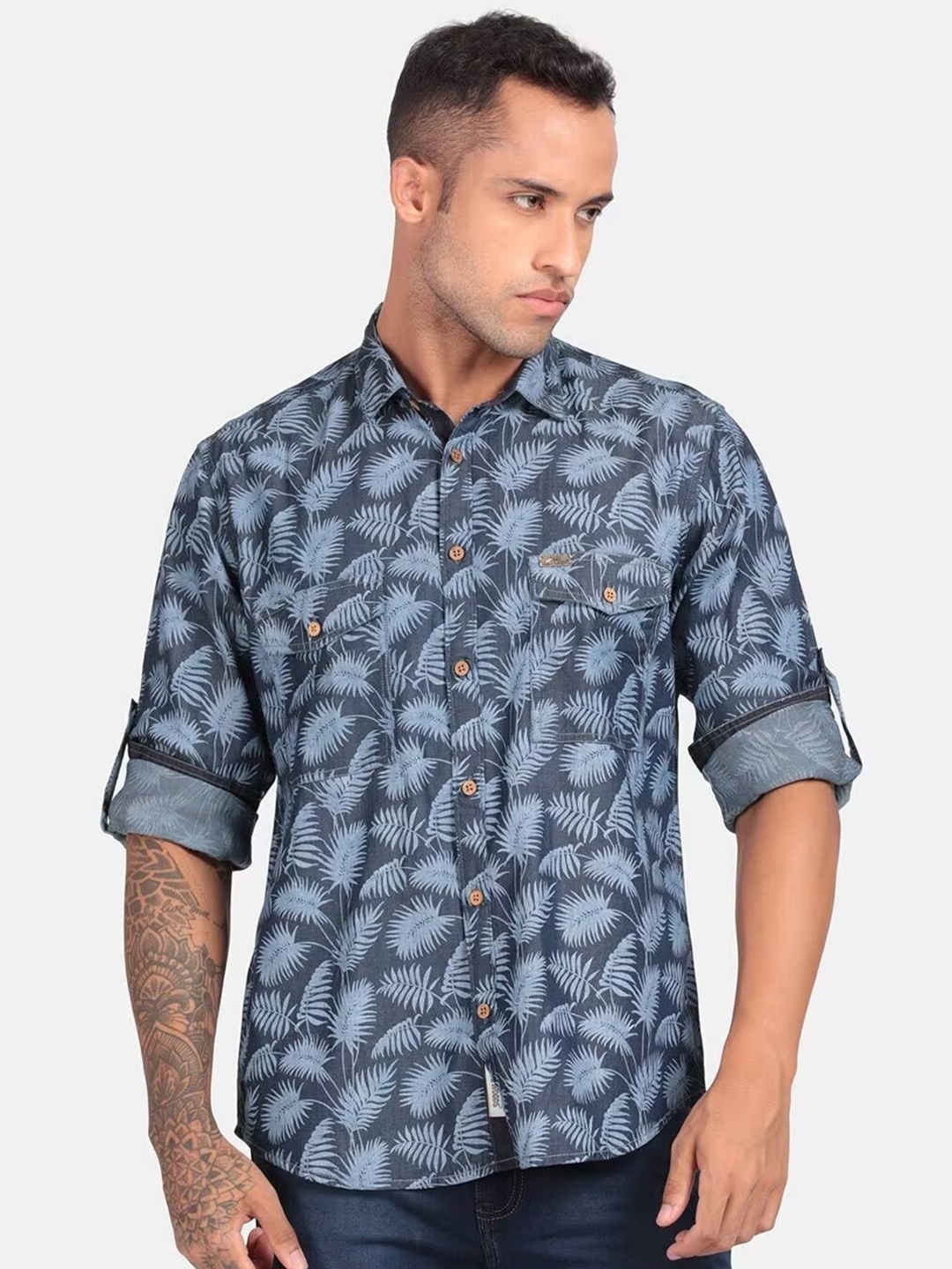 

RUG WOODS Comfort Tropical Printed Cotton Casual Shirt, Blue