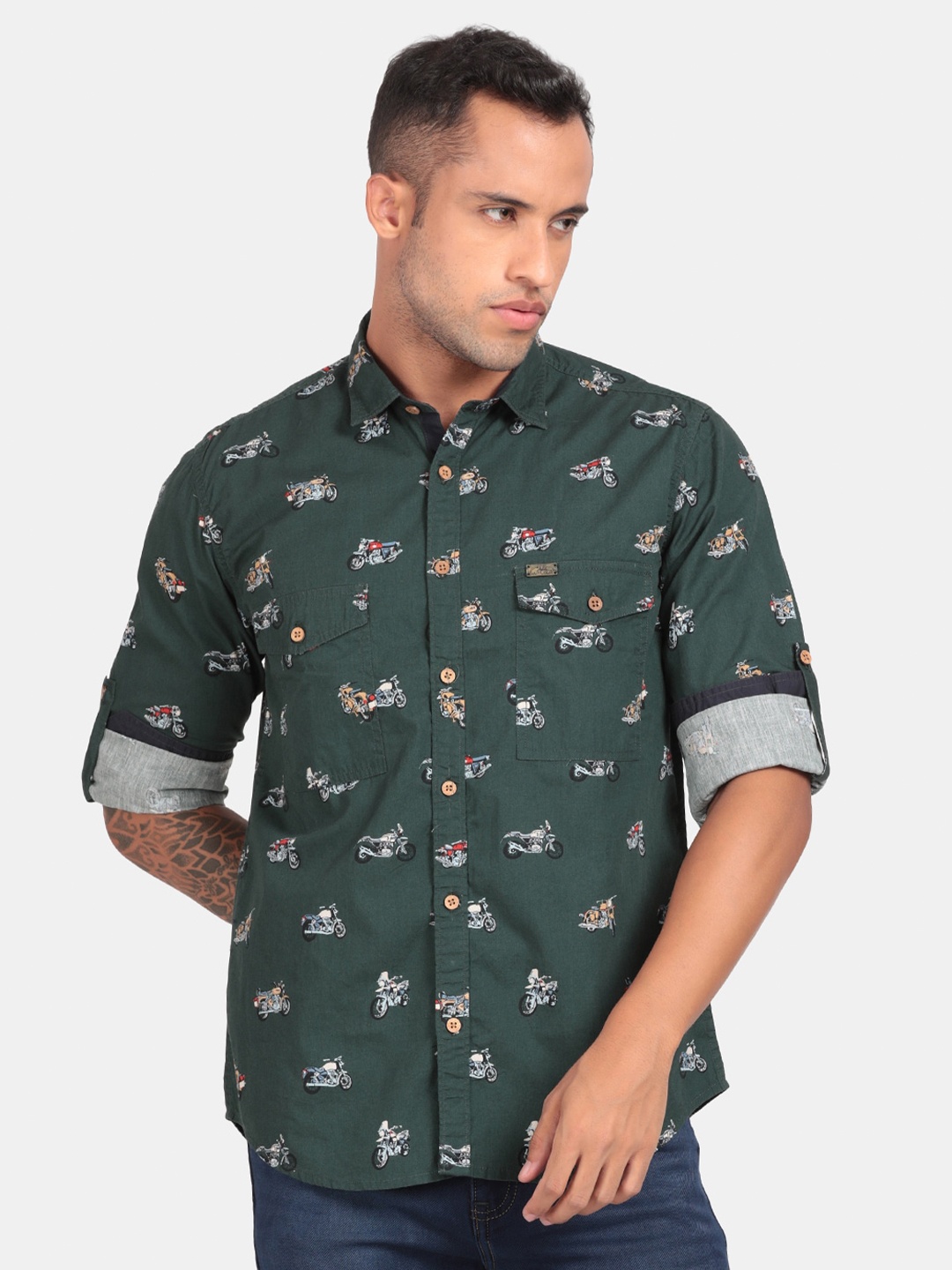 

RUG WOODS Comfort Conversational Printed Cotton Casual Shirt, Green
