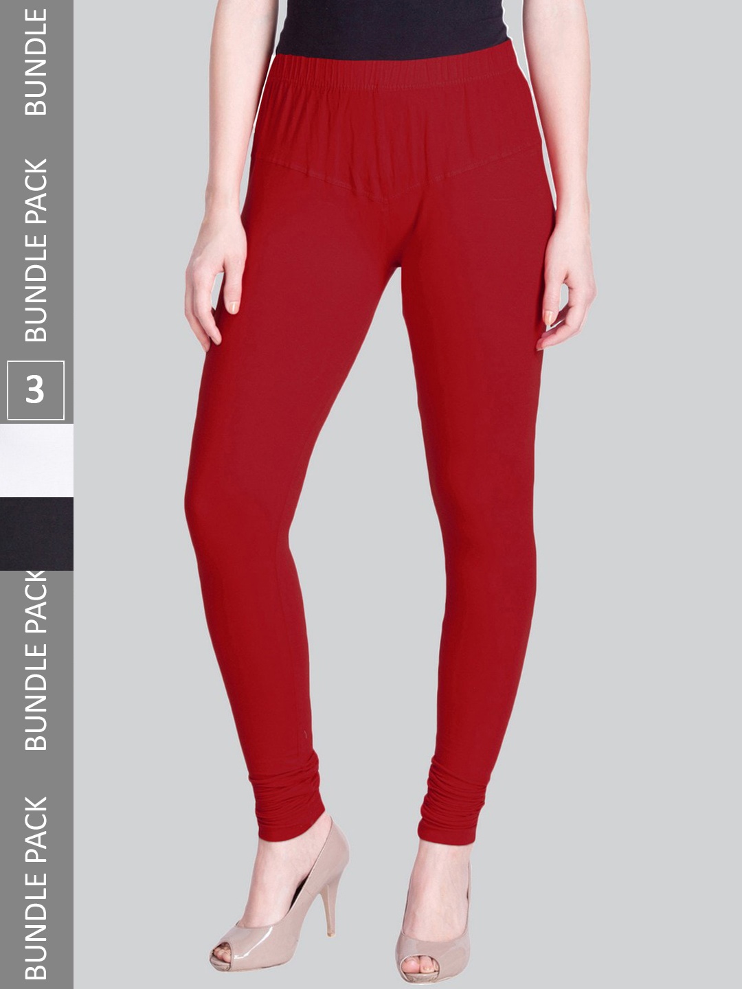 

LYRA Women Pack Of 3 Churidar Length Cotton Lycra Leggings, Red