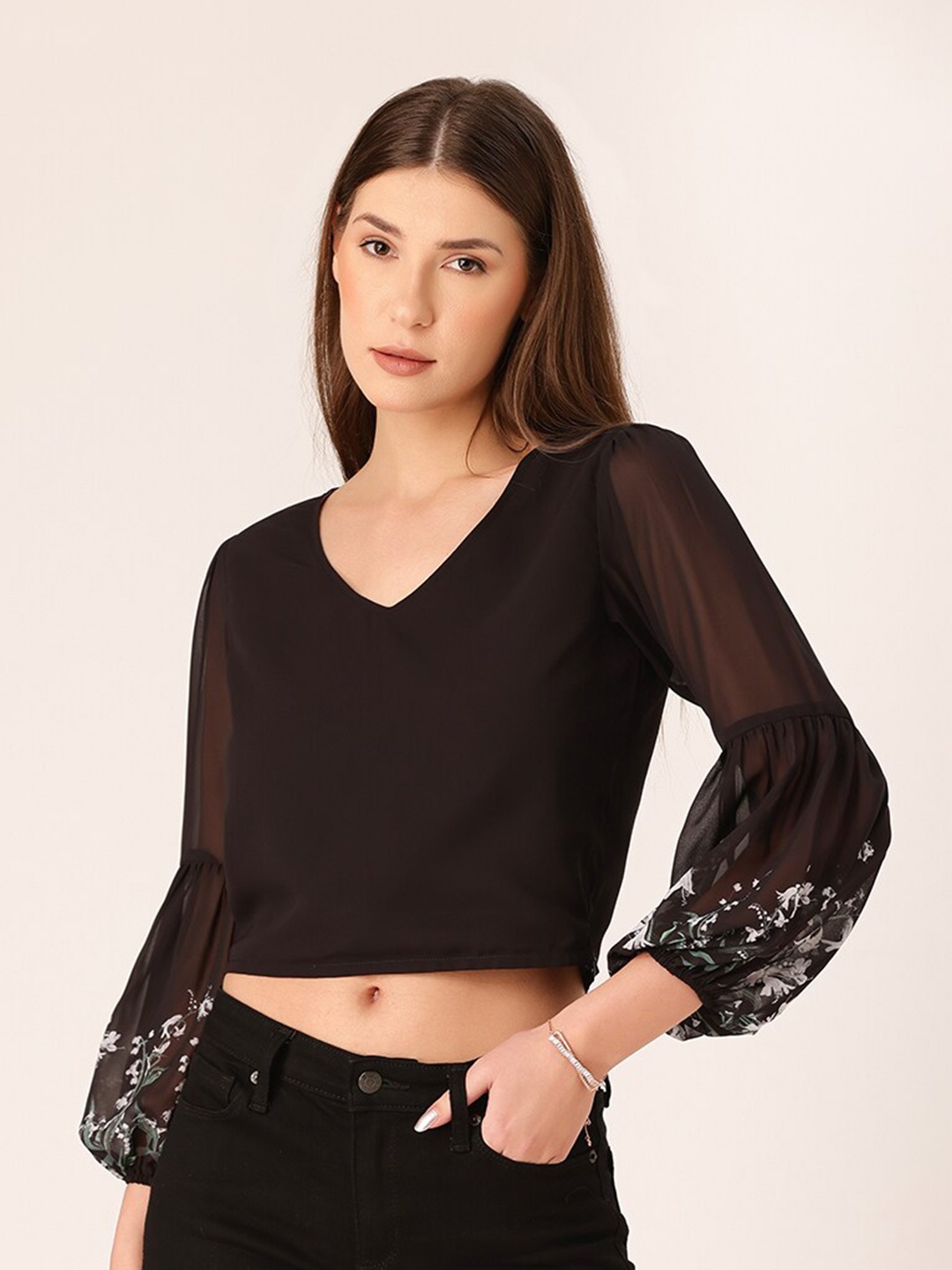 

DressBerry V-Neck Printed Puffed Sleeves Georgette Crop Top, Black