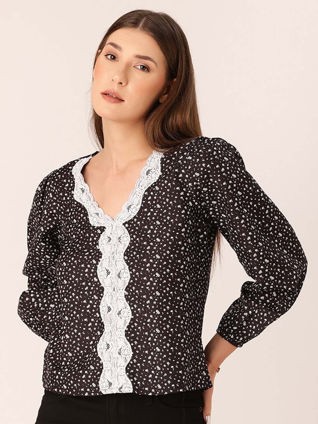 

DressBerry Printed V-Neck Puff Sleeves Shirt Style Top, Black