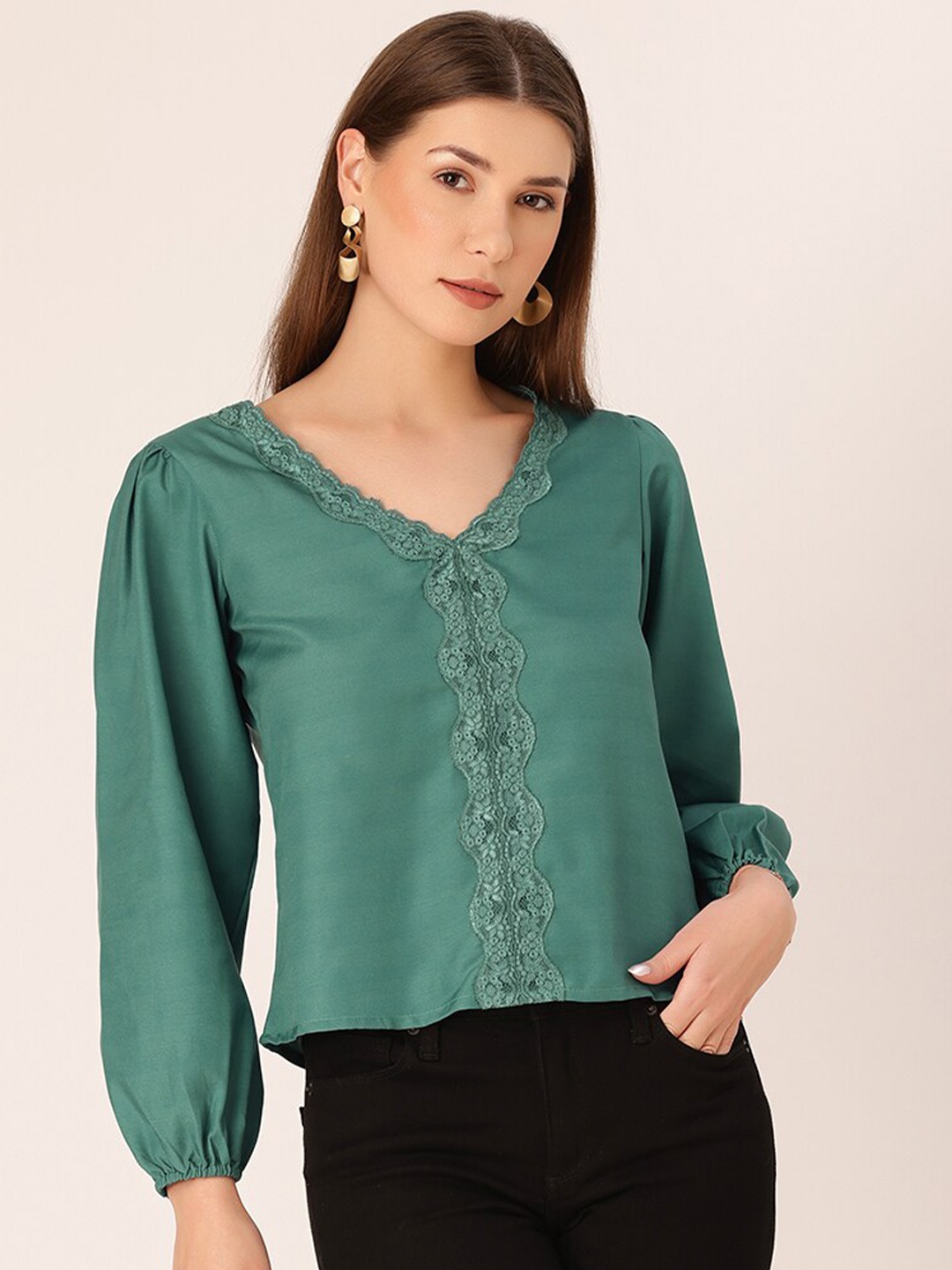 

DressBerry Puff Sleeves Lace Inserted V-Neck Top, Green