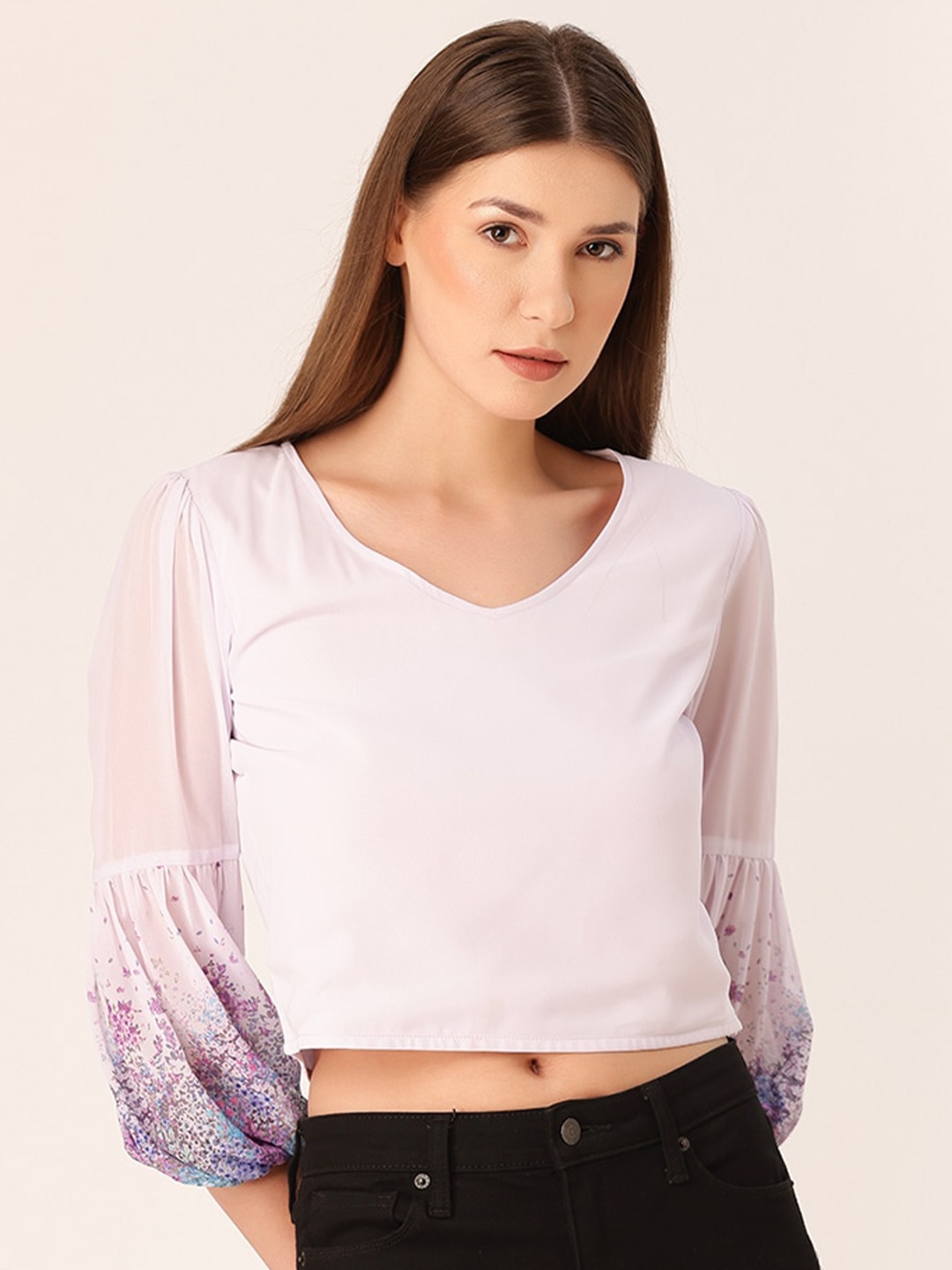 

DressBerry Bishop Sleeves Georgette Crop Top, Lavender