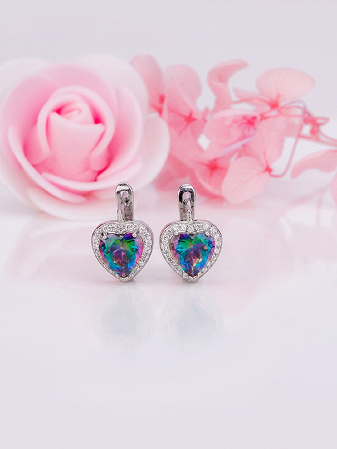 

GIVA Rhodium-Plated 925 Sterling Silver Cubic Zirconia Heart Shaped Studs Earrings, Blue