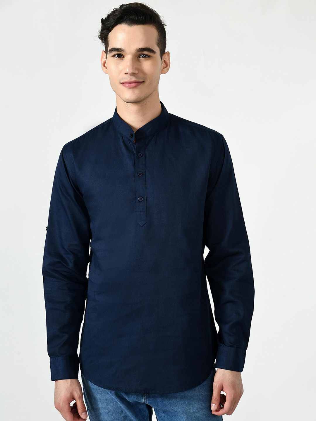 

Riara Mandarin Collar Cotton Kurta, Navy blue