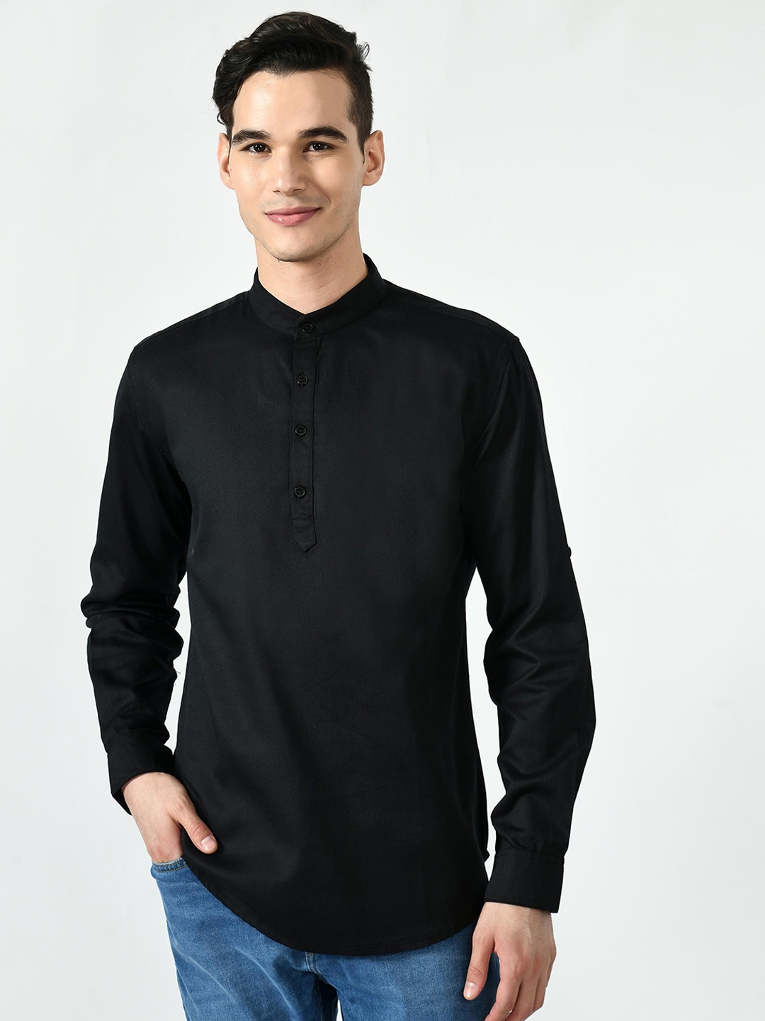 

Riara Mandarin Collar Pure Cotton Kurta, Black