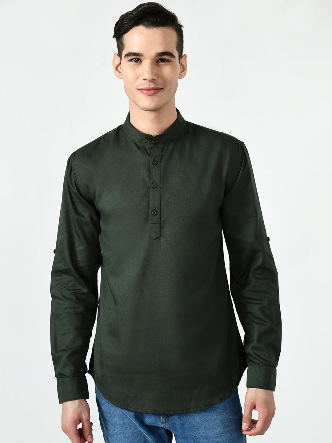 

Riara Mandarin Collar Pure Cotton Kurta, Green