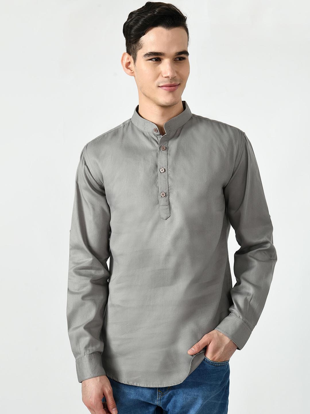 

Riara Mandarin Collar Pure Cotton Kurta, Grey