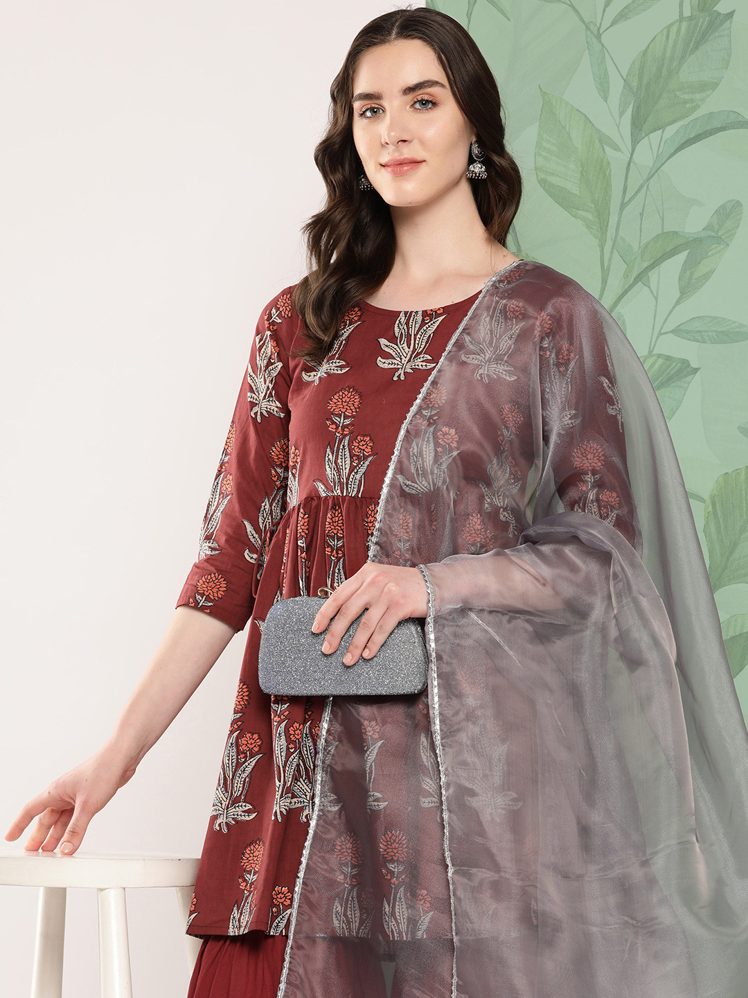 

InWeave Floral Printed Pleated Pure Cotton Kurta with Palazzos & Dupatta, Rust