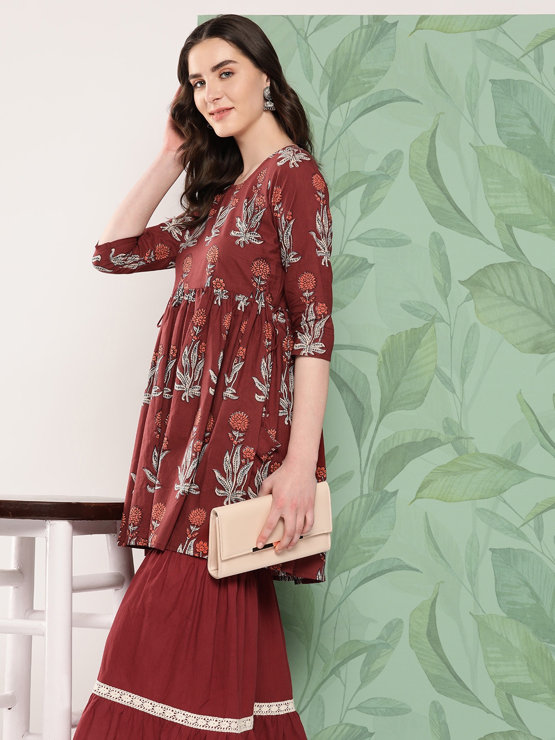 

InWeave Floral Printed Pleated Pure Cotton Kurta with Palazzos, Rust