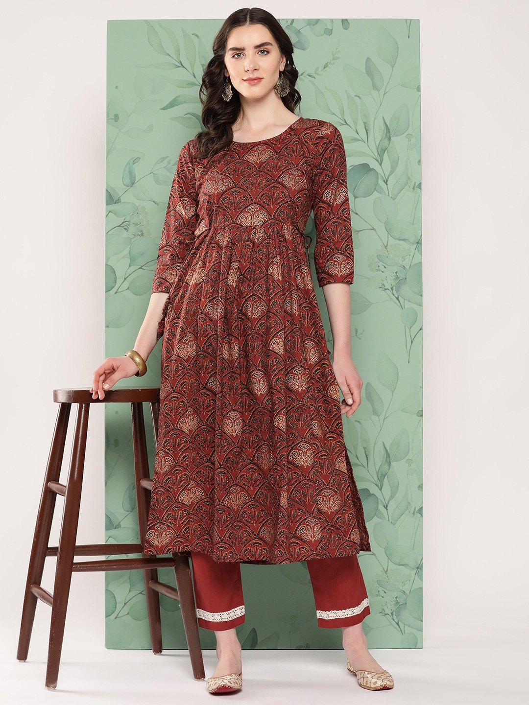 

InWeave Ethnic Motifs Printed Pleated Pure Cotton Kurta with Palazzos, Rust