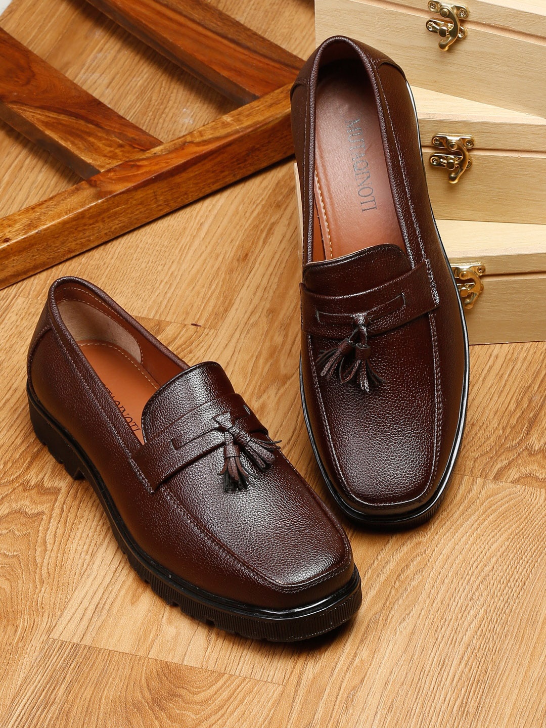 

MUTAQINOTI Men Textured Square Toe Lightweight Tassel Loafers, Brown
