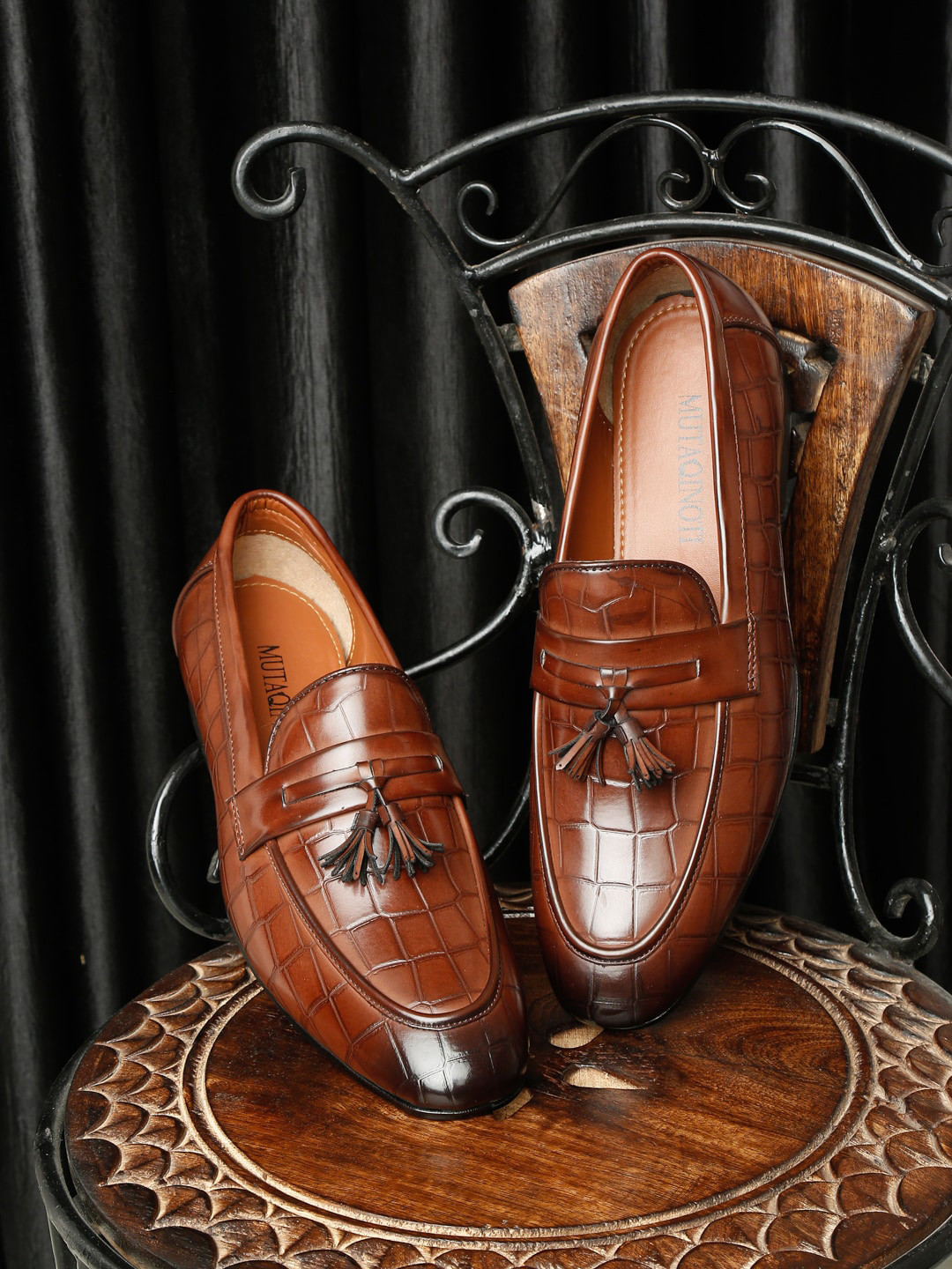 

MUTAQINOTI Men Woven Design Lightweight Leather Loafers With Tassels, Brown