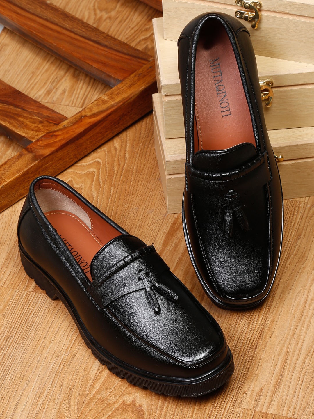 

MUTAQINOTI Men Lightweight Leather Loafers, Black