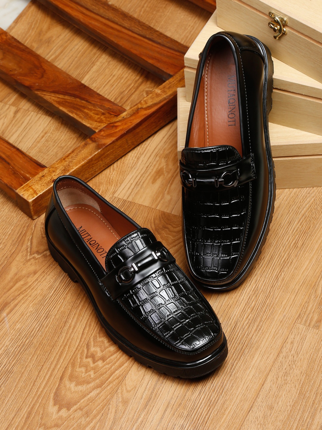 

MUTAQINOTI Men Textured Lightweight Patent Leather Loafers, Black