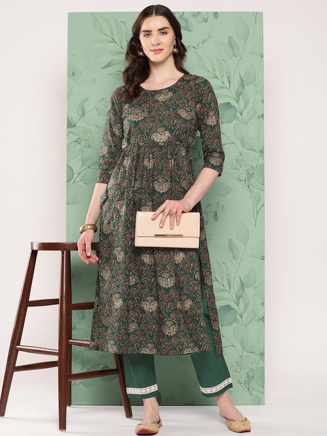 

InWeave Ethnic Motifs Printed Pleated Pure Cotton Kurta with Palazzos, Green
