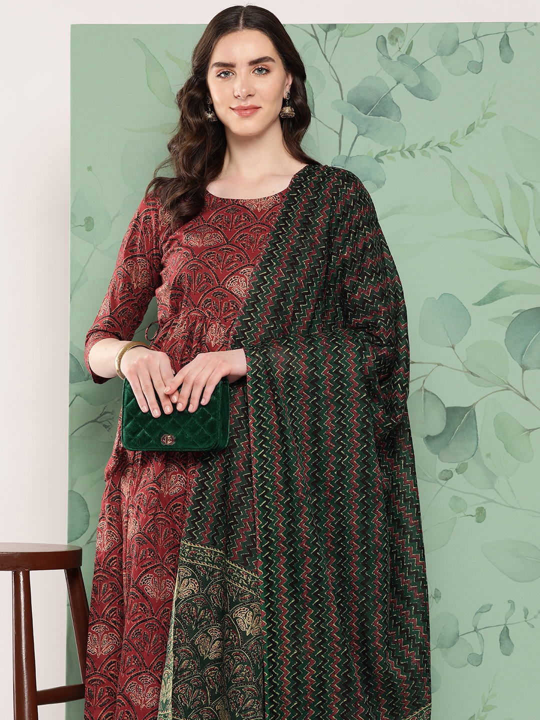 

InWeave Ethnic Motifs Printed Pure Cotton Kurta with Palazzos & Dupatta, Rust