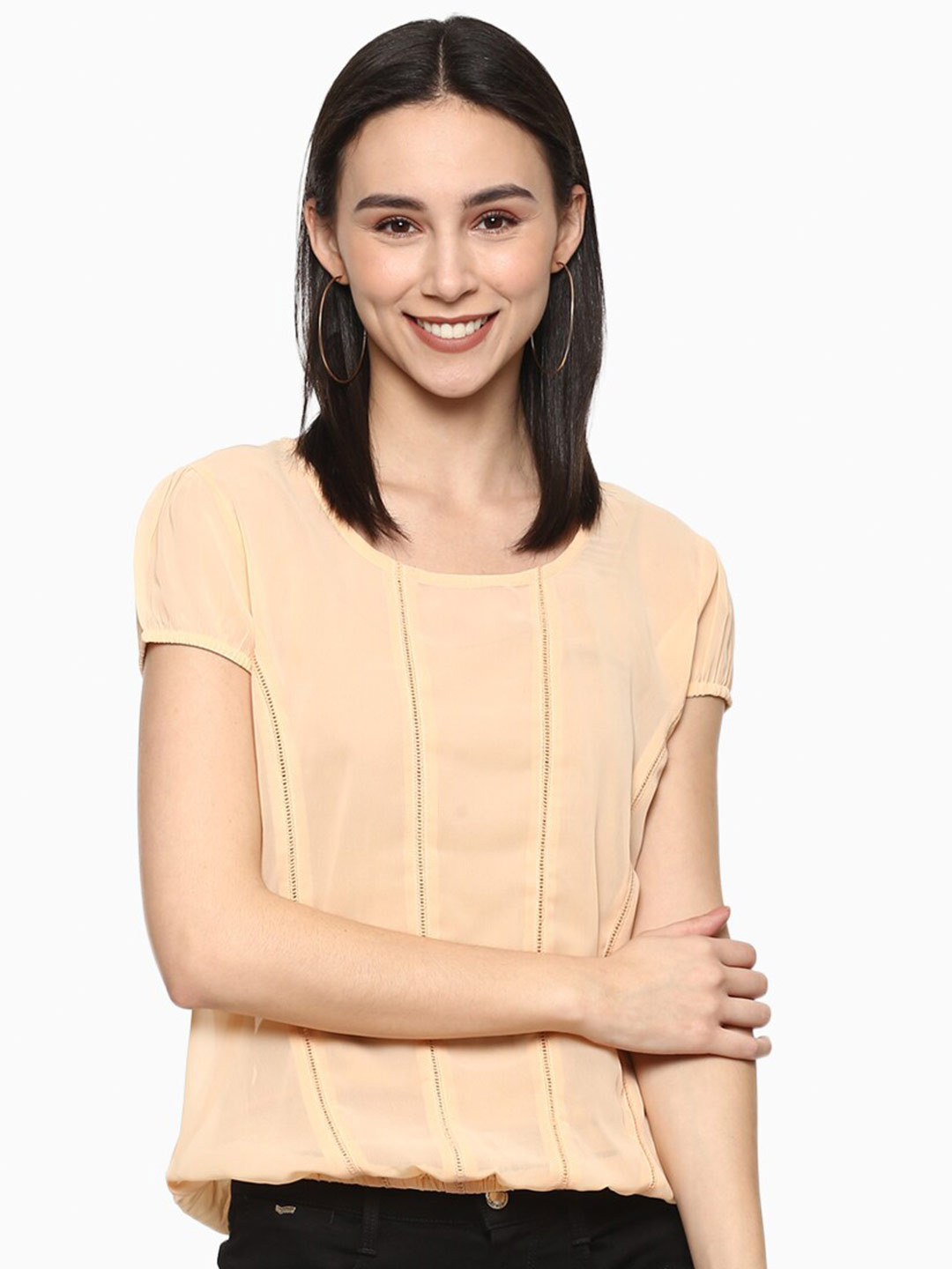 

Porsorte Puff Sleeves Lace Stiped Top, Beige