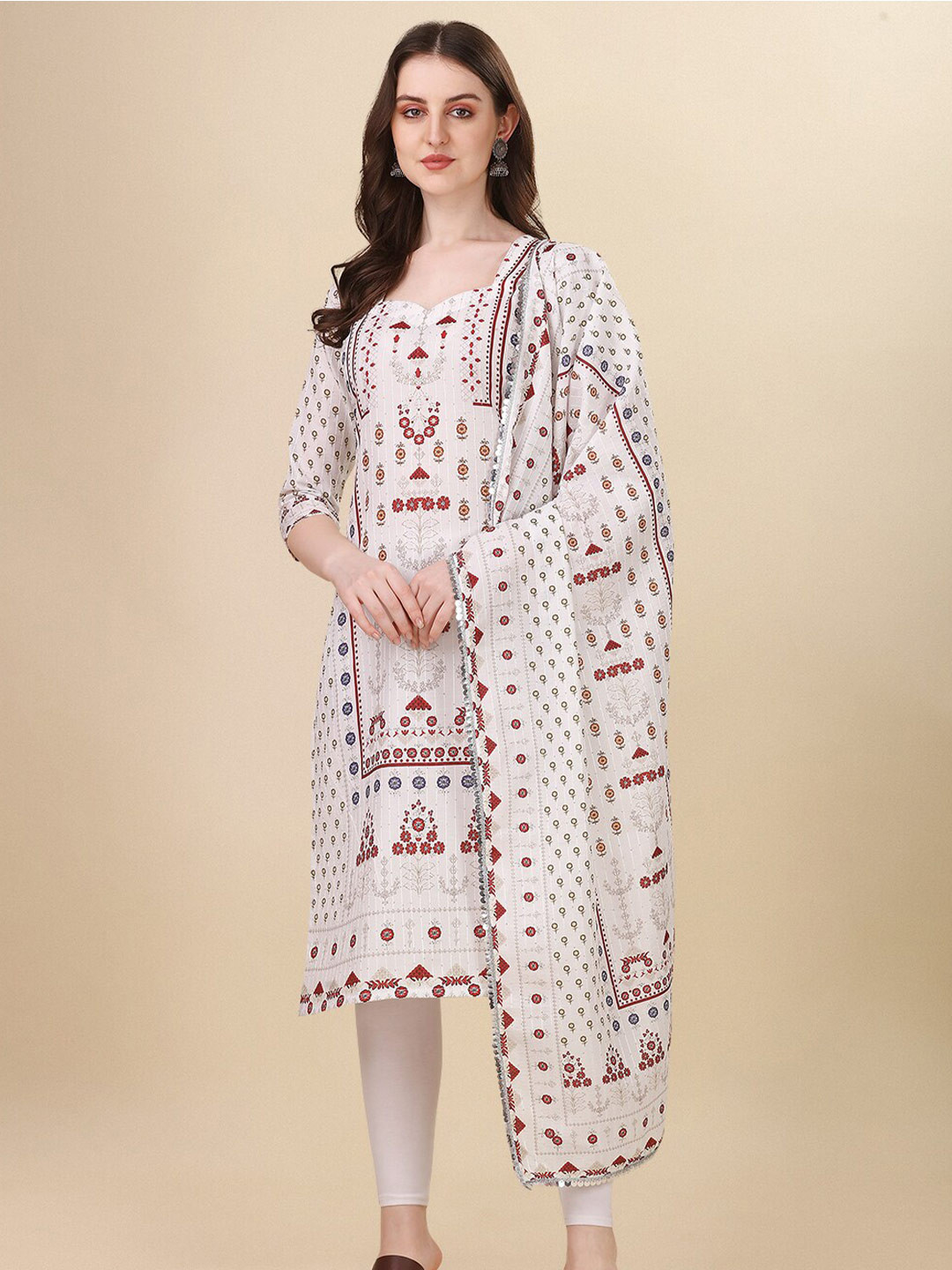 

PMD Fashion Ethnic Motifs Printed Block Print Sequins Pure Cotton Kurta With Dupatta, White
