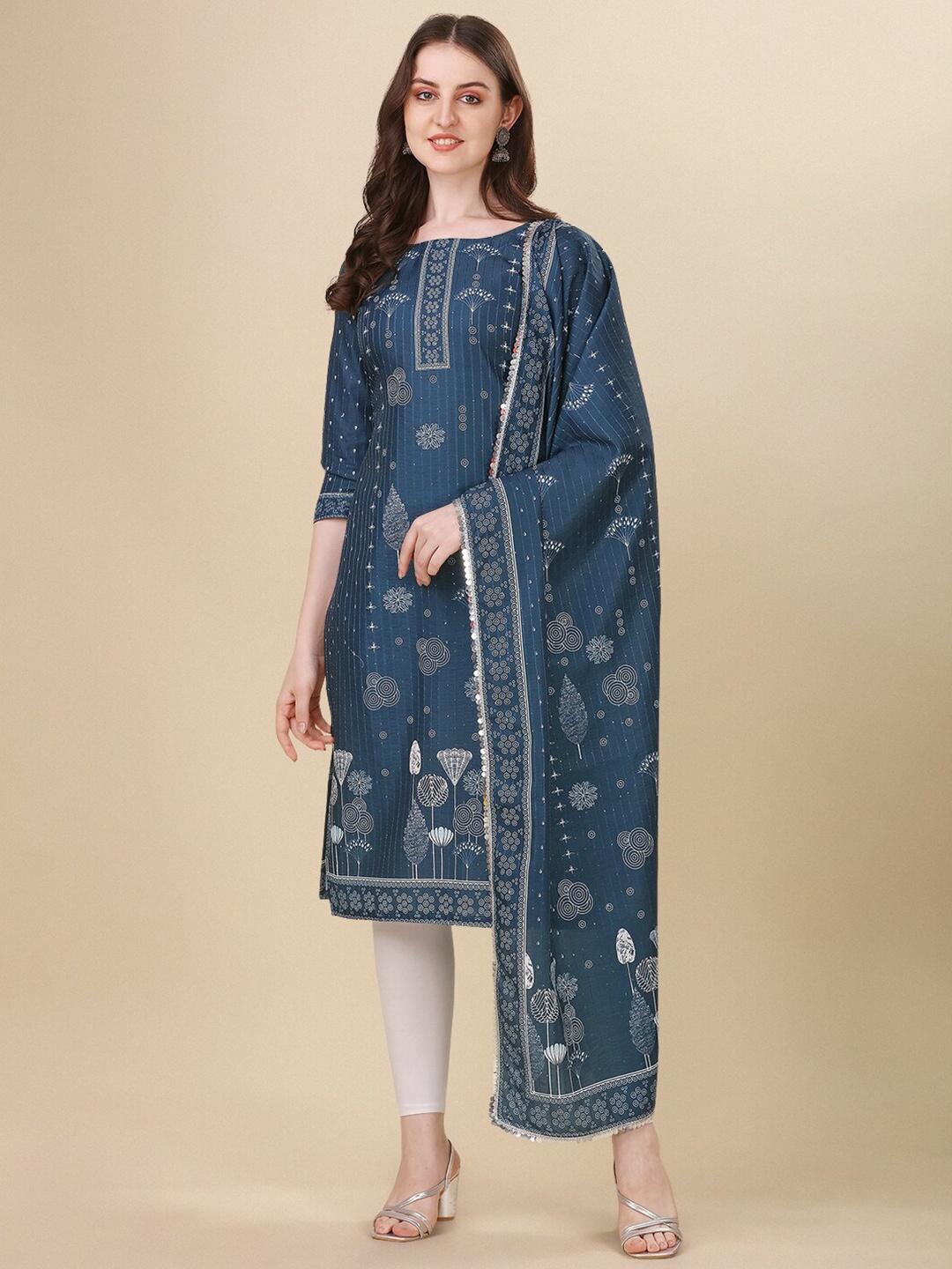 

PMD Fashion Floral Printed Sequined Kurta With Dupatta, Blue