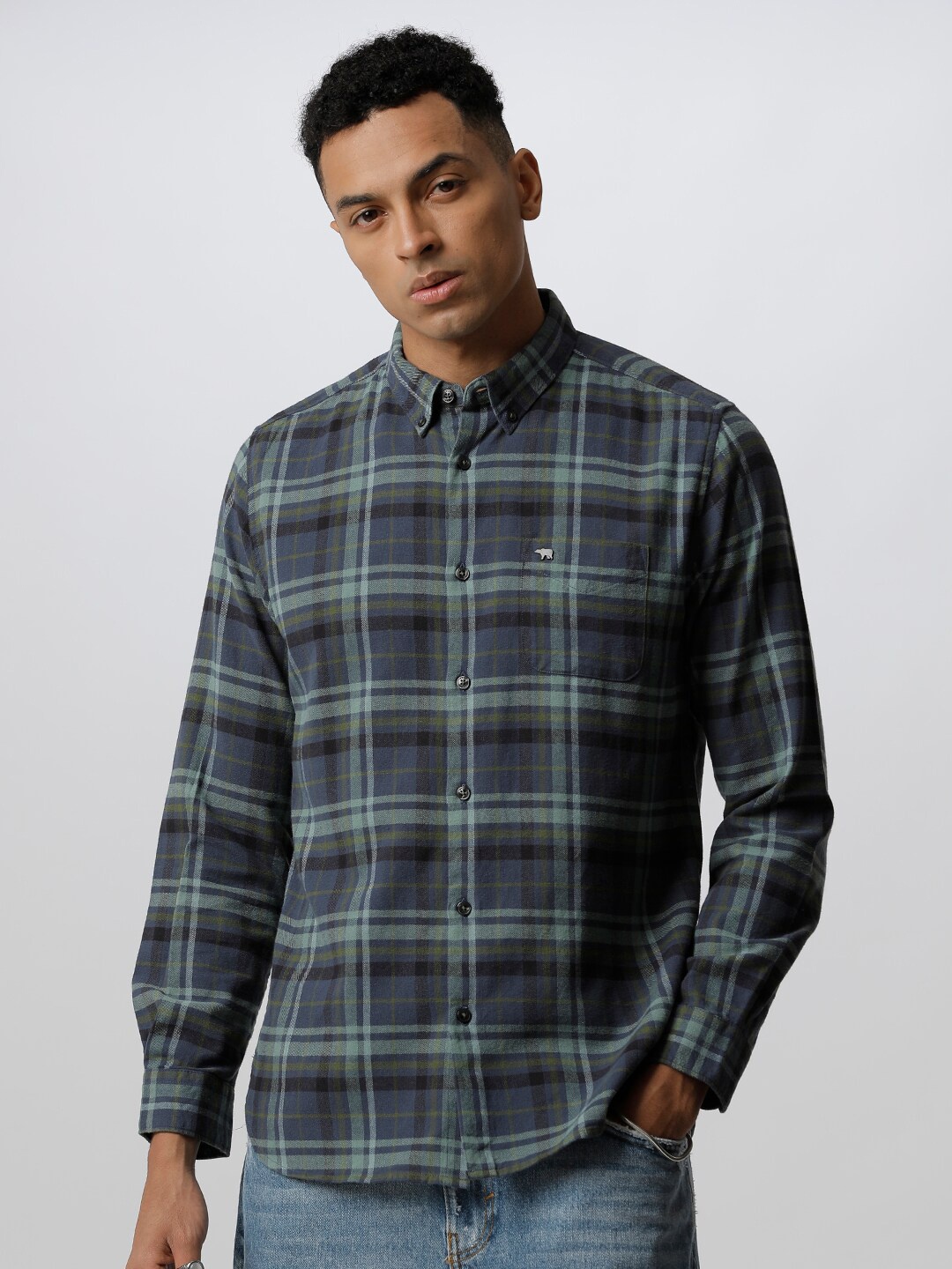 

THE BEAR HOUSE Tartan Checked Slim Fit Casual Pure Cotton Shirt, Blue