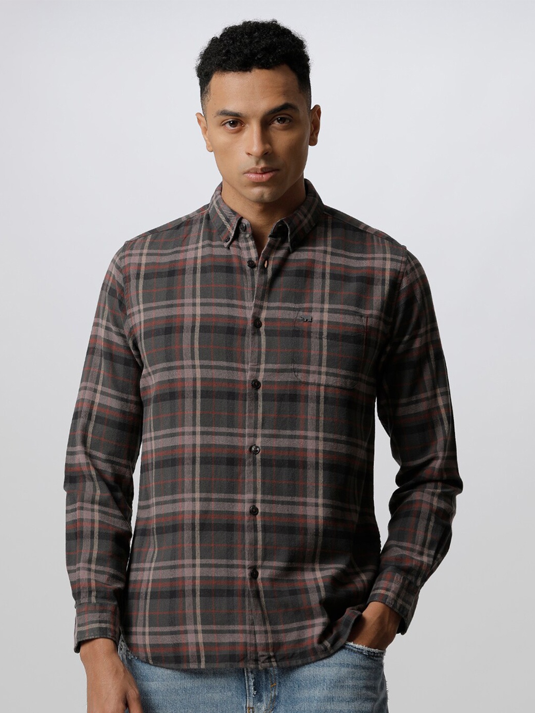 

THE BEAR HOUSE Tartan Checked Slim Fit Casual Pure Cotton Shirt, Grey