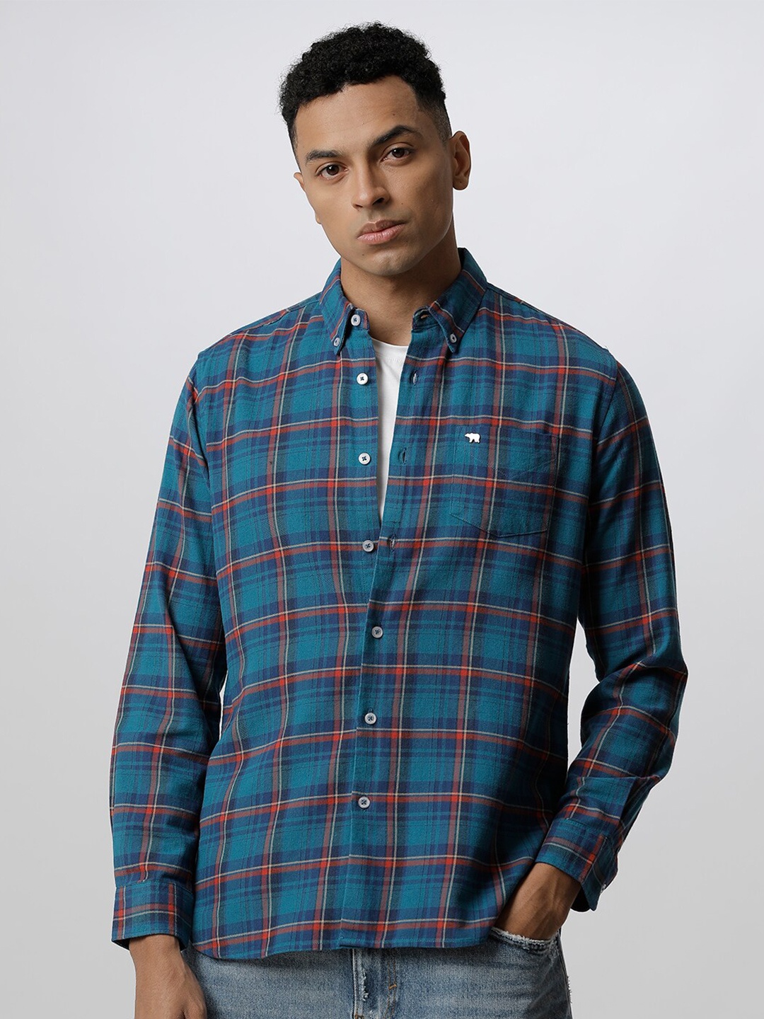 

THE BEAR HOUSE Teal Slim Fit Tartan Checks Pure Cotton Casual Shirt