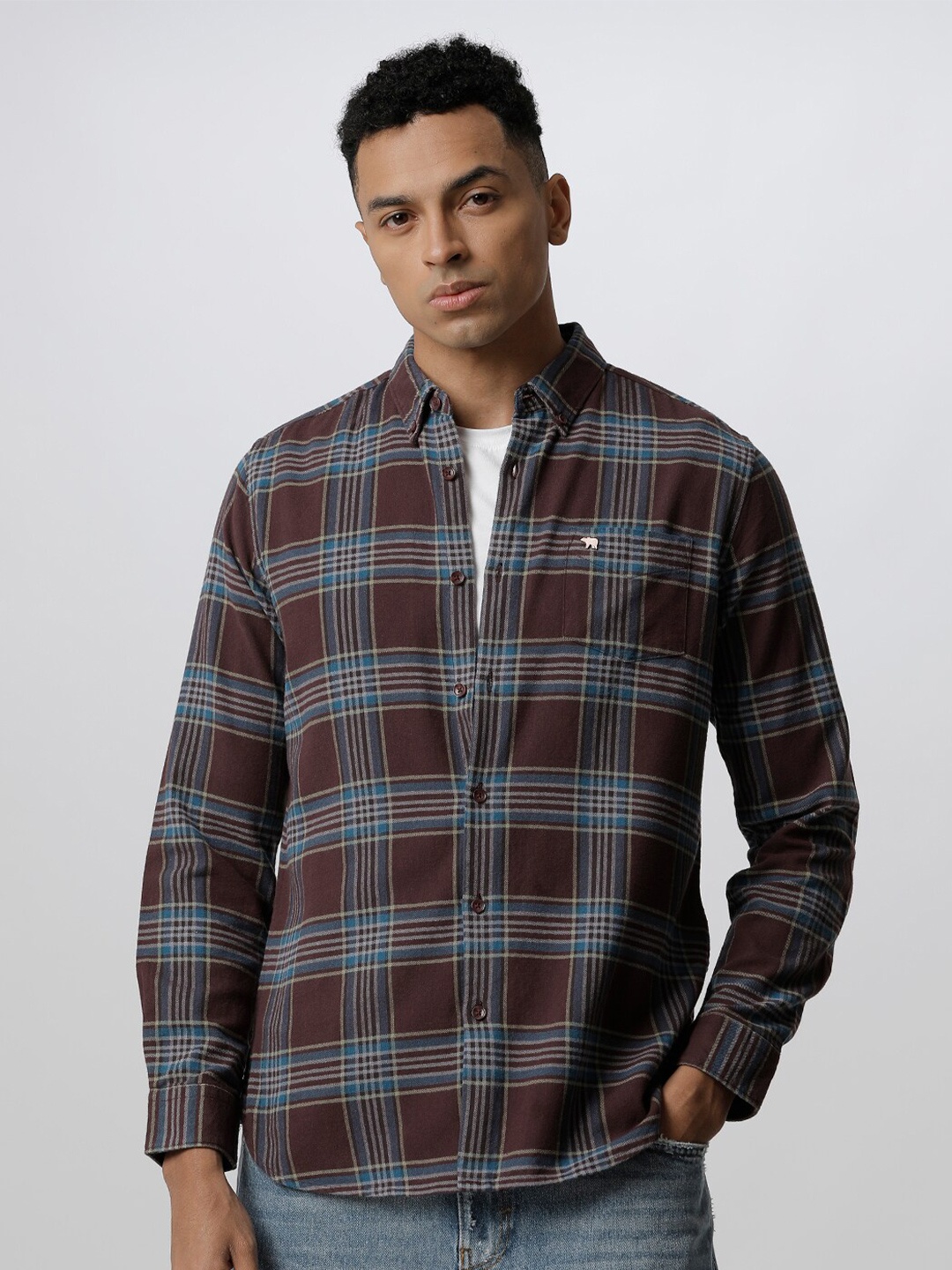 

THE BEAR HOUSE Slim Fit Tartan Checks Pure Cotton Casual Shirt, Maroon