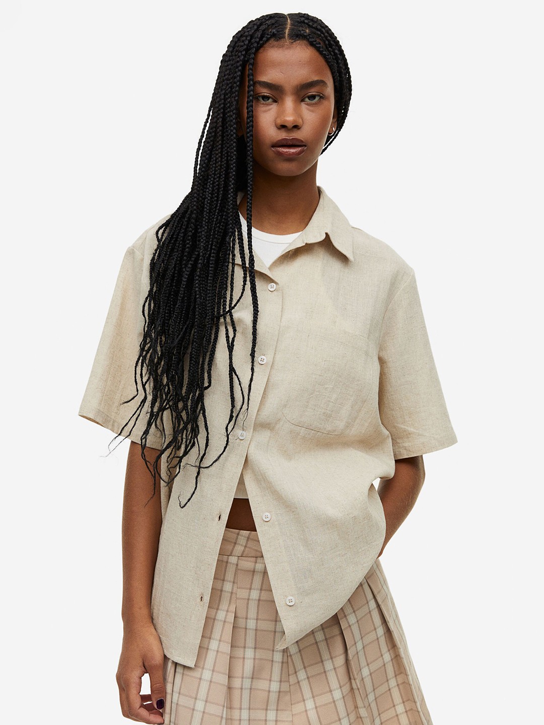 

H&M Short-Sleeved Linen-Blend Shirt, Beige