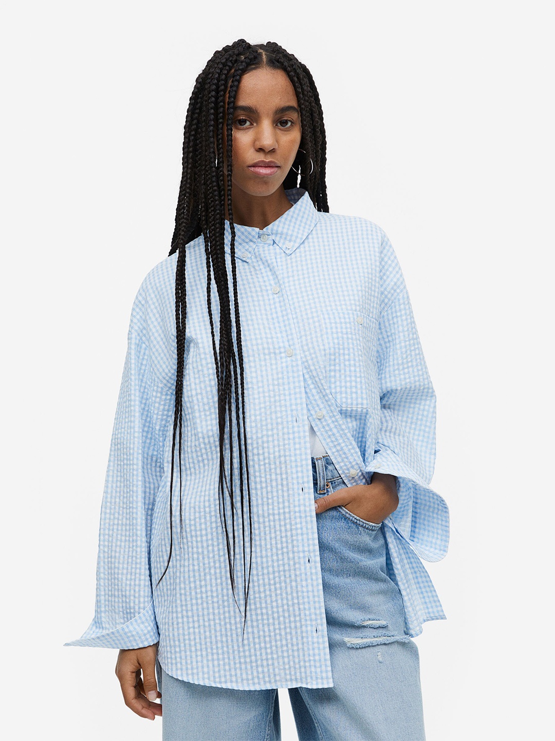 

H&M Women Oversized Seersucker Shirt, Blue