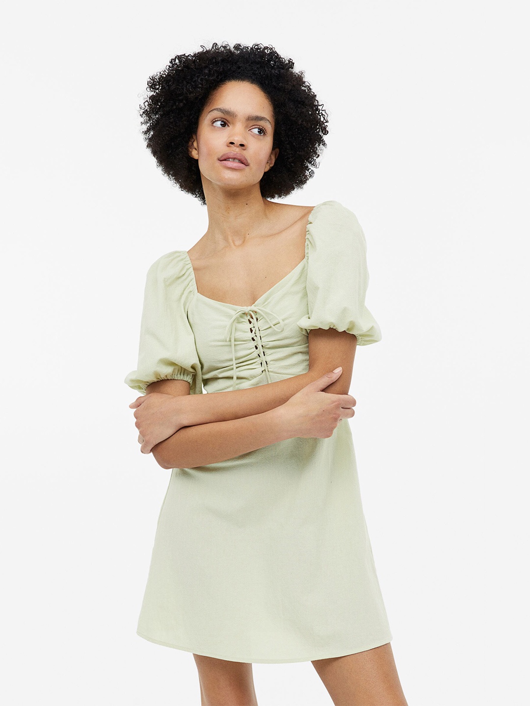 

H&M Puff-Sleeved Lacing-Detail Dress, Green