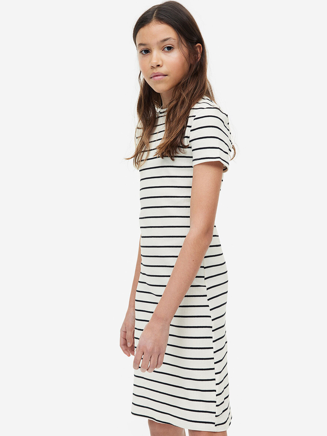 

H&M Girls Ribbed T-Shirt Dress, White