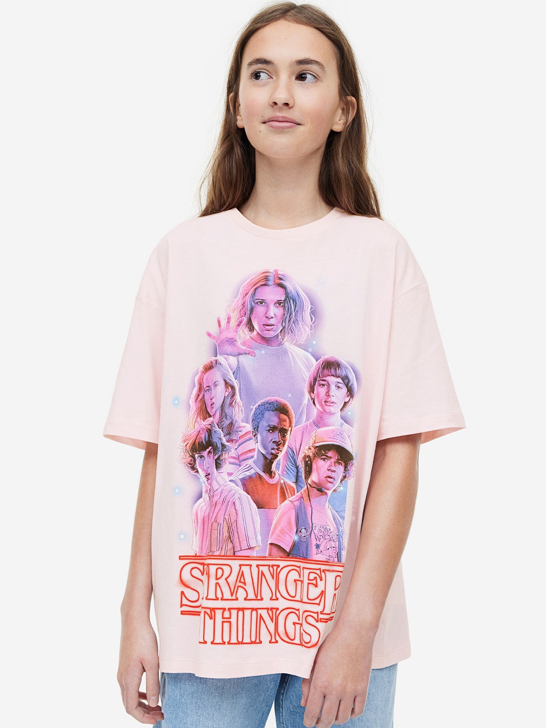

H&M Girls Stranger Things Printed Cotton T-Shirt, Pink