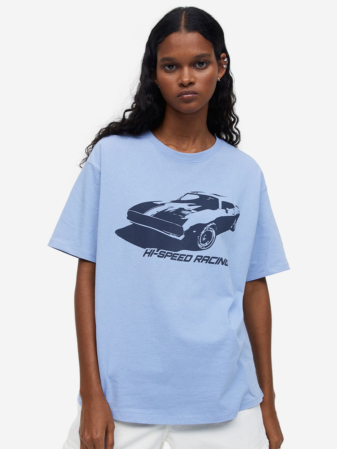 

H&M Pure Cotton Oversized Printed T-Shirt, Blue