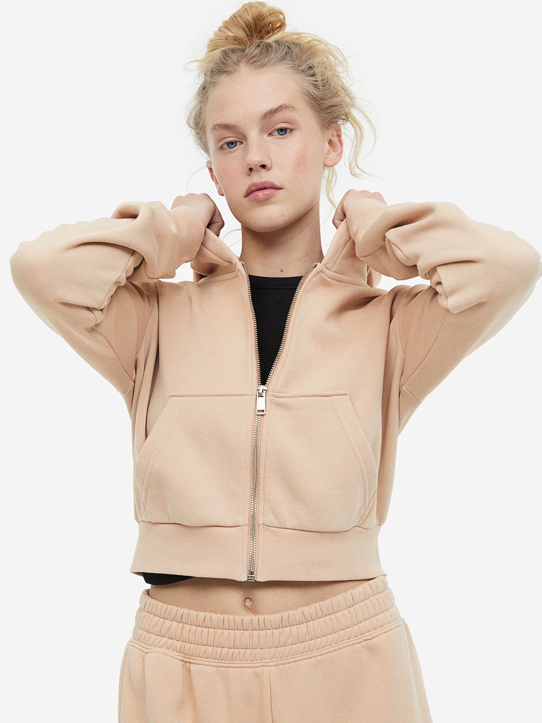 

H&M Women Cropped Zip-Through Hoodie, Beige