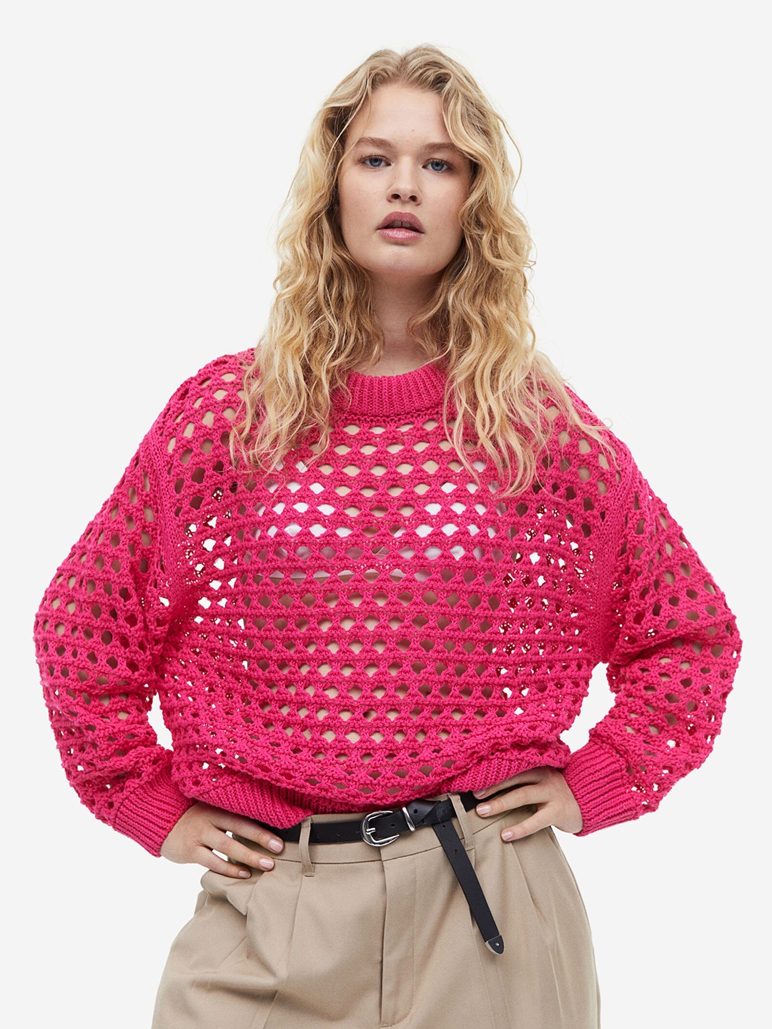 

H&M Women Oversized Pointelle-Knit Jumper, Pink