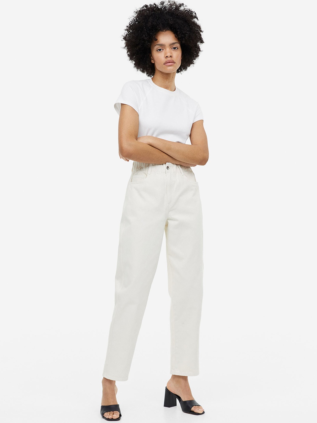 

H&M Pure Cotton High Waist Twill Trousers, White