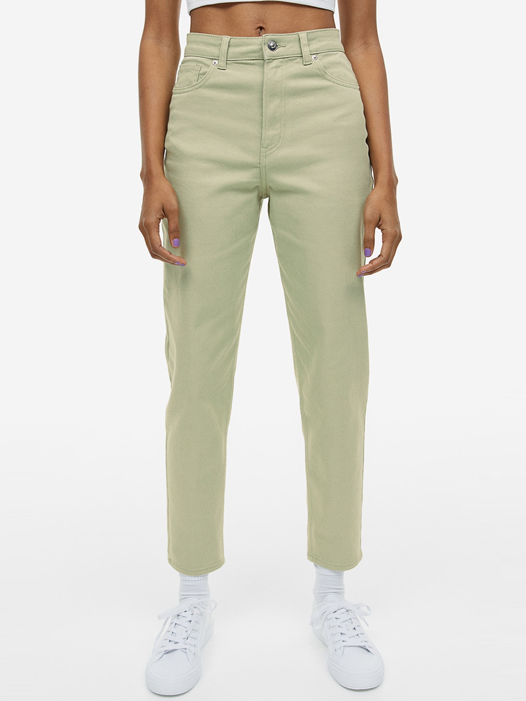 

H&M Women Mom Loose Fit Twill Trousers, Green
