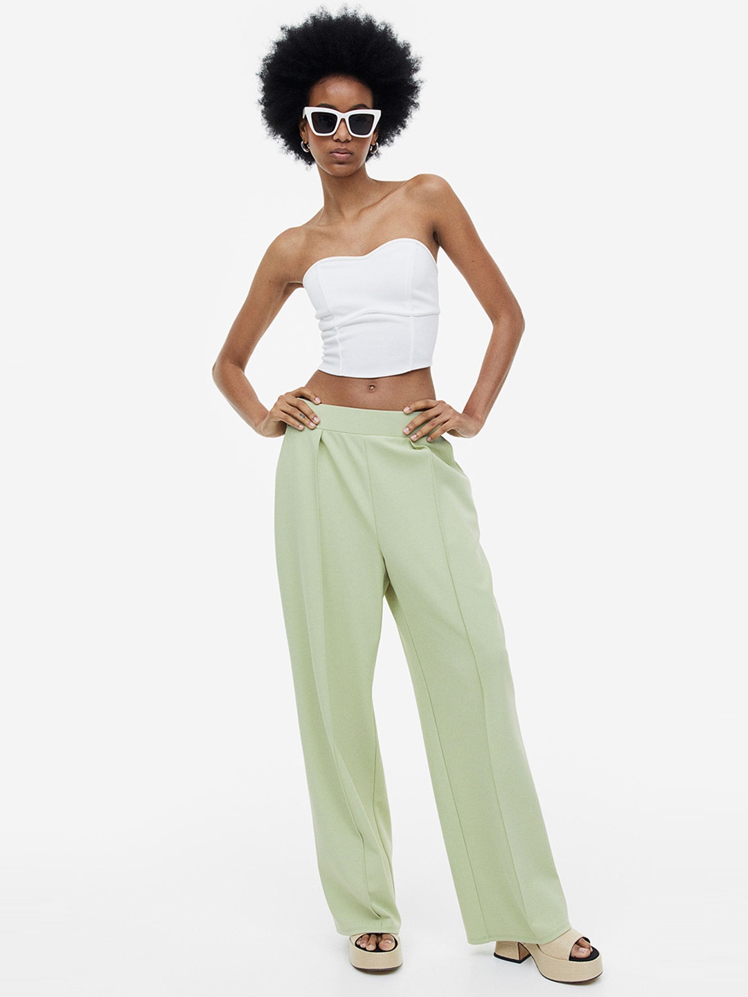 

H&M Women High-Waisted Tailored Trousers, Green