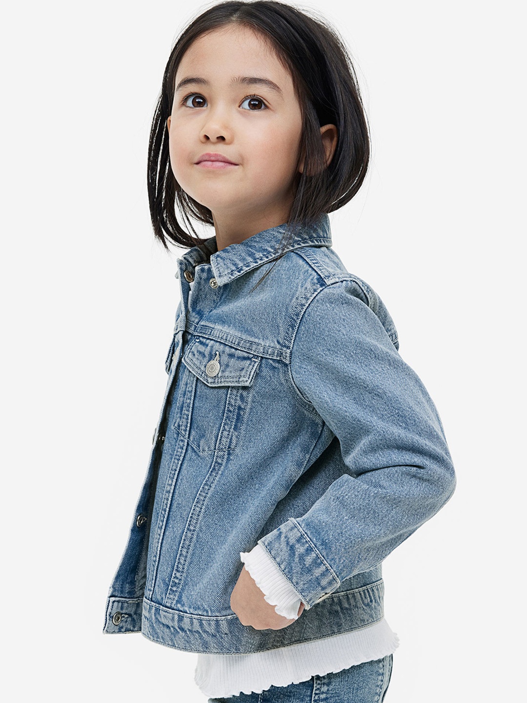 

H&M Girls Oversized Frill-Trimmed Denim Jacket, Blue