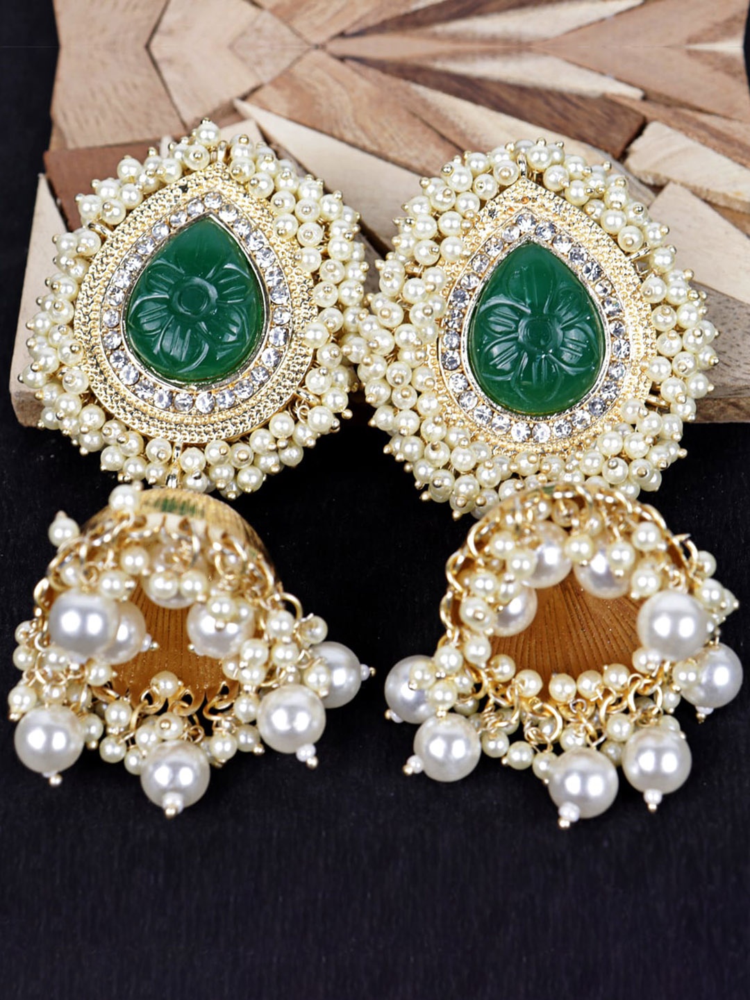

VAGHBHATT Gold-Plated Pearls Dome Shaped Jhumkas Earrings, Green