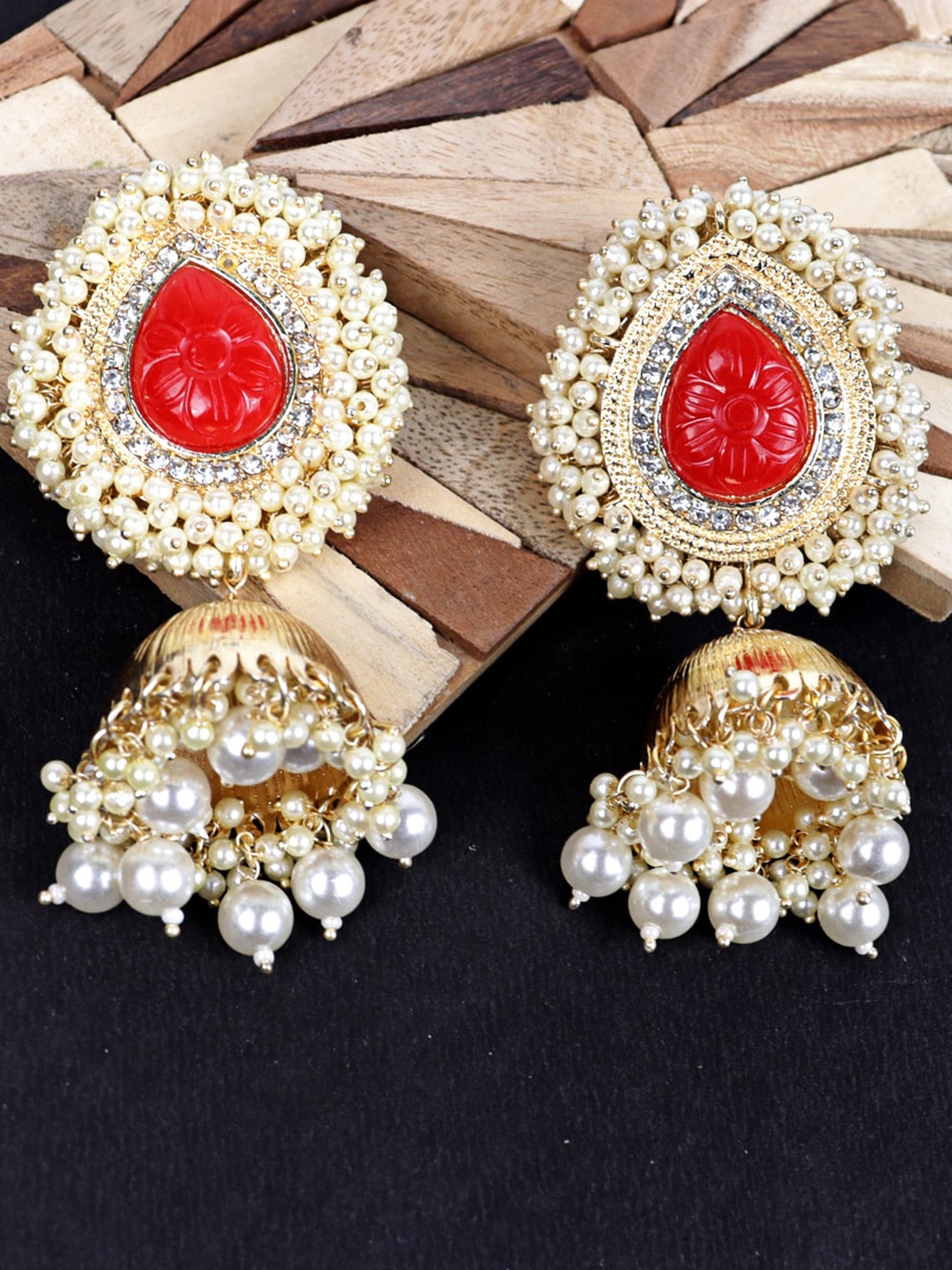 

VAGHBHATT Gold-Plated Pearls Dome Shaped Jhumkas Earrings, Red