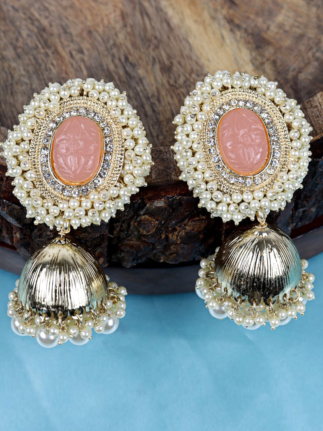 

VAGHBHATT Gold-Plated Pearls Oval Shaped Jhumkas Earrings, Peach