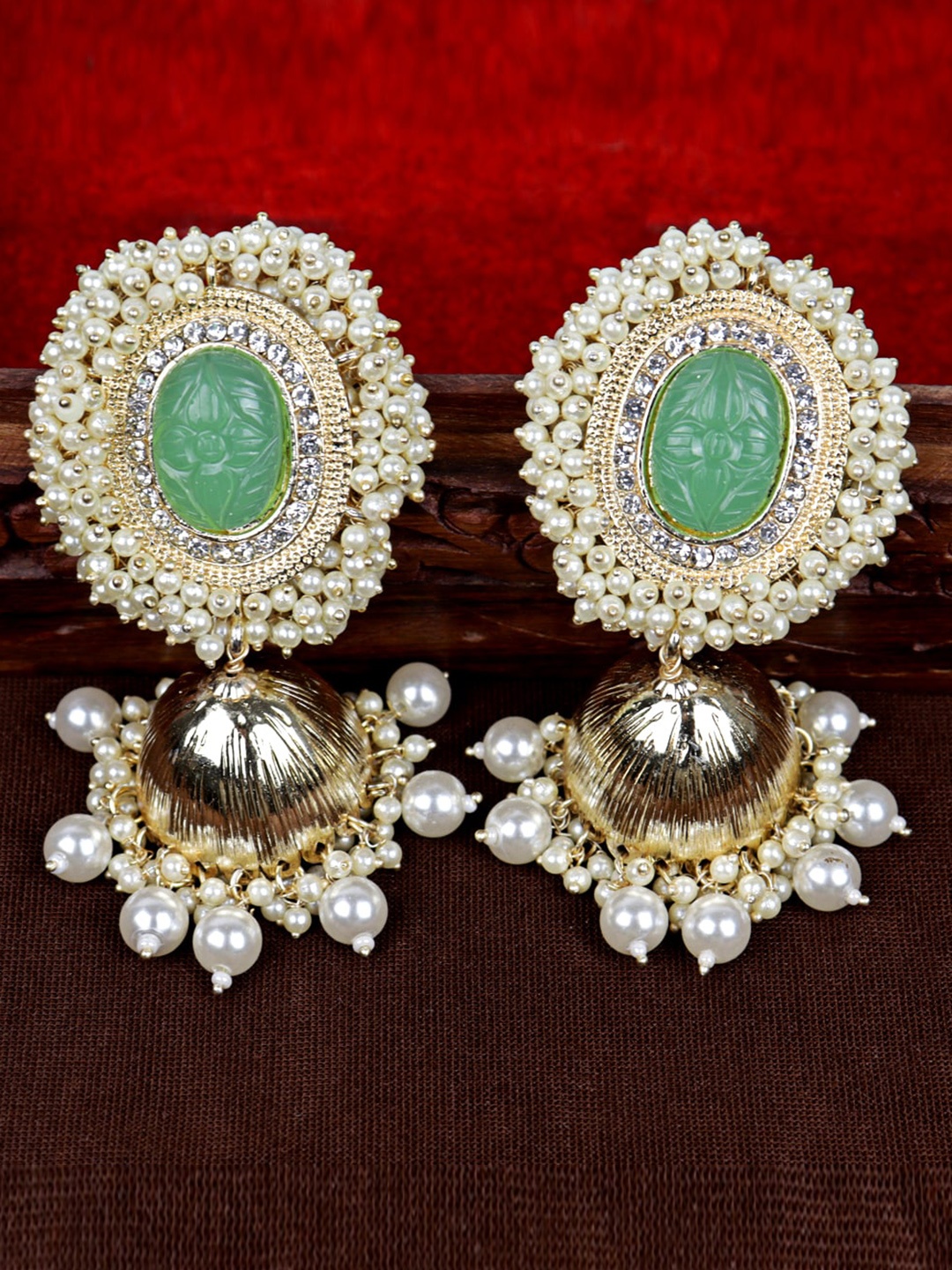 

VAGHBHATT Gold-Plated Pearls Oval Shaped Jhumkas Earrings, Green
