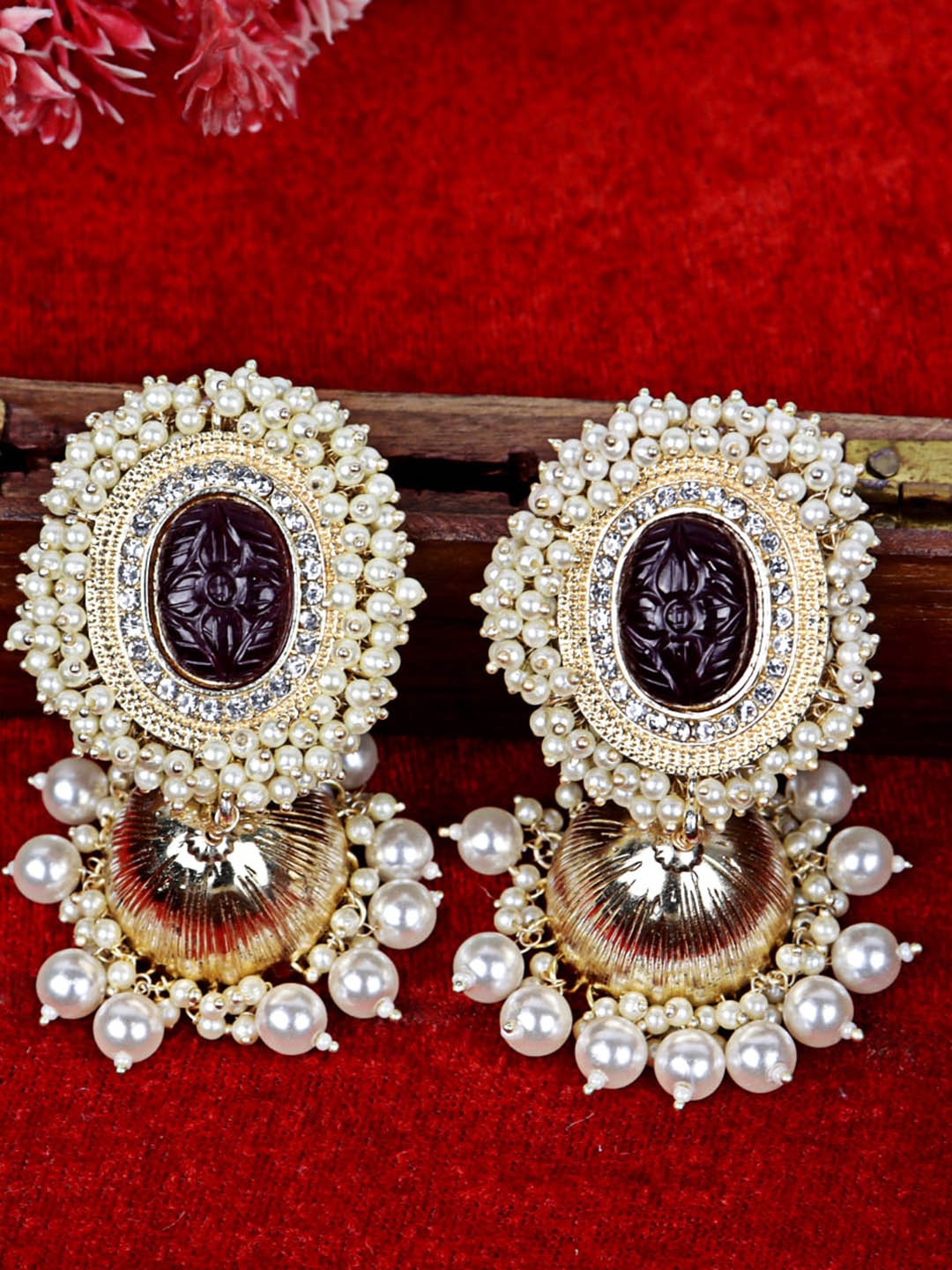 

VAGHBHATT Gold-Plated Pearls Oval Shaped Jhumkas Earrings, Maroon