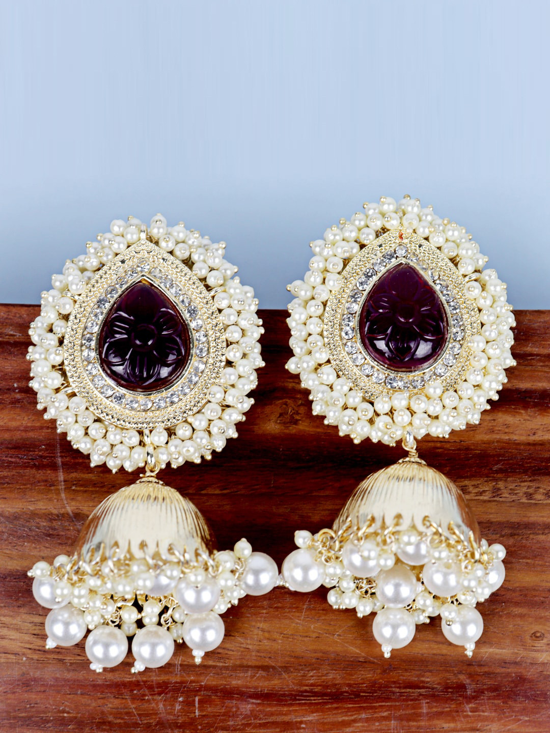 

VAGHBHATT Gold-Plated Pearls Dome Shaped Jhumkas Earrings, Maroon