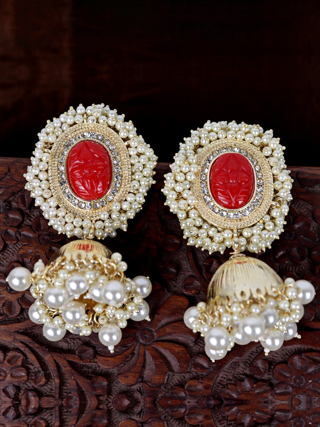 

VAGHBHATT Gold-Plated Stone Studded & Beaded Oval Jhumkas Earrings, Red